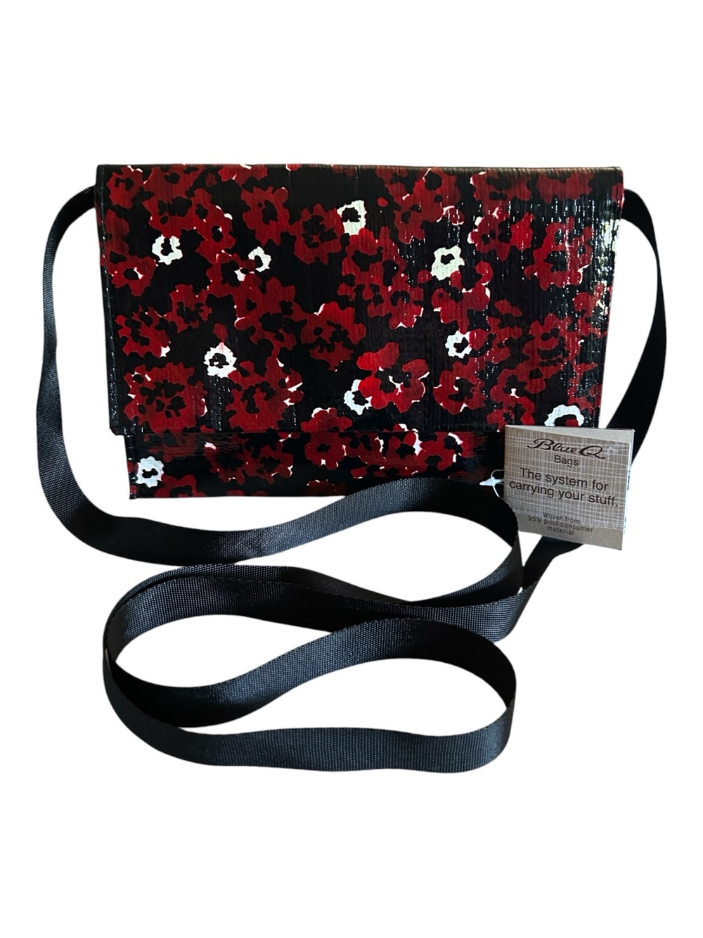 Blue Q Crossbody Bag Black and Red Poppies Print Made of Post Consumer Material